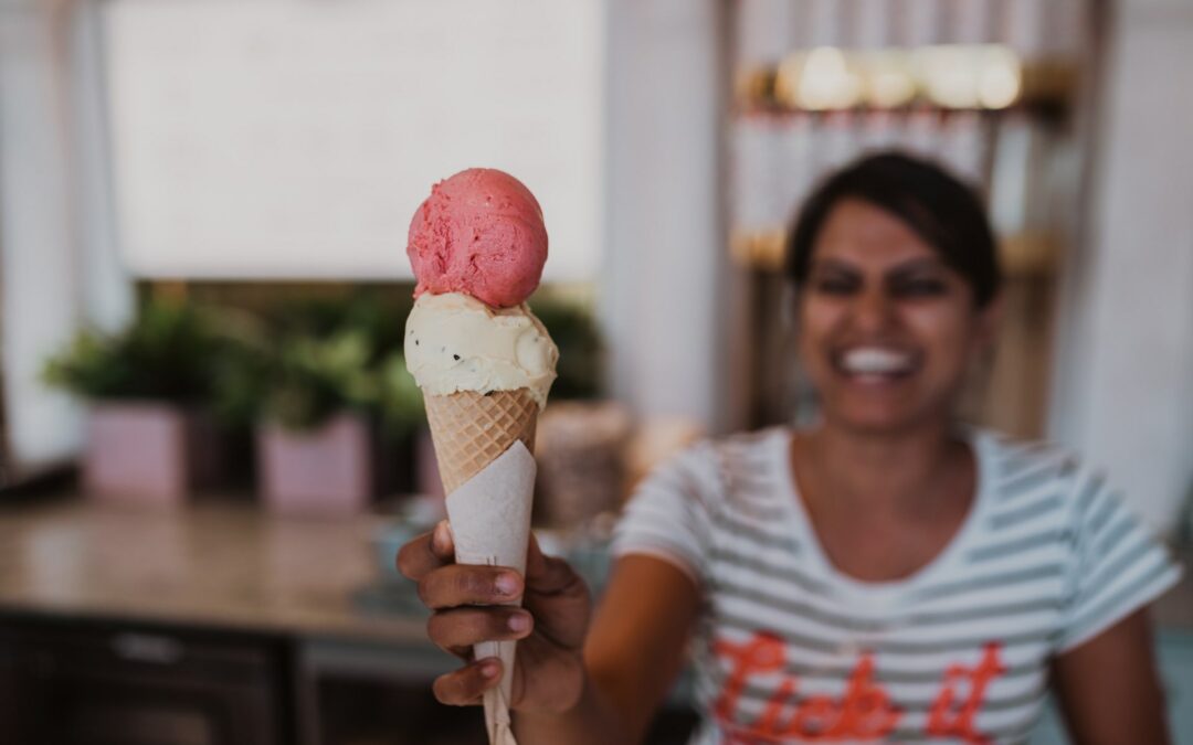 Island Gelato double scoop cone with a smile
