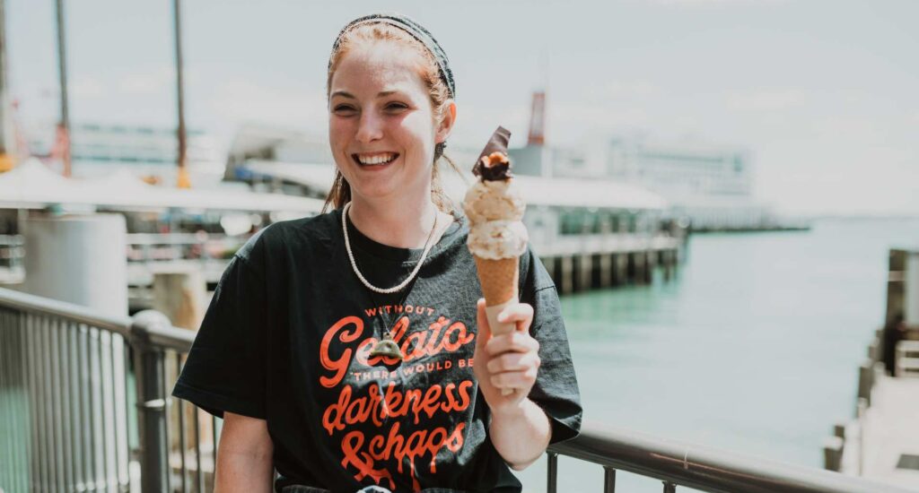 Island Gelato double scoop gelato cone by the harbour